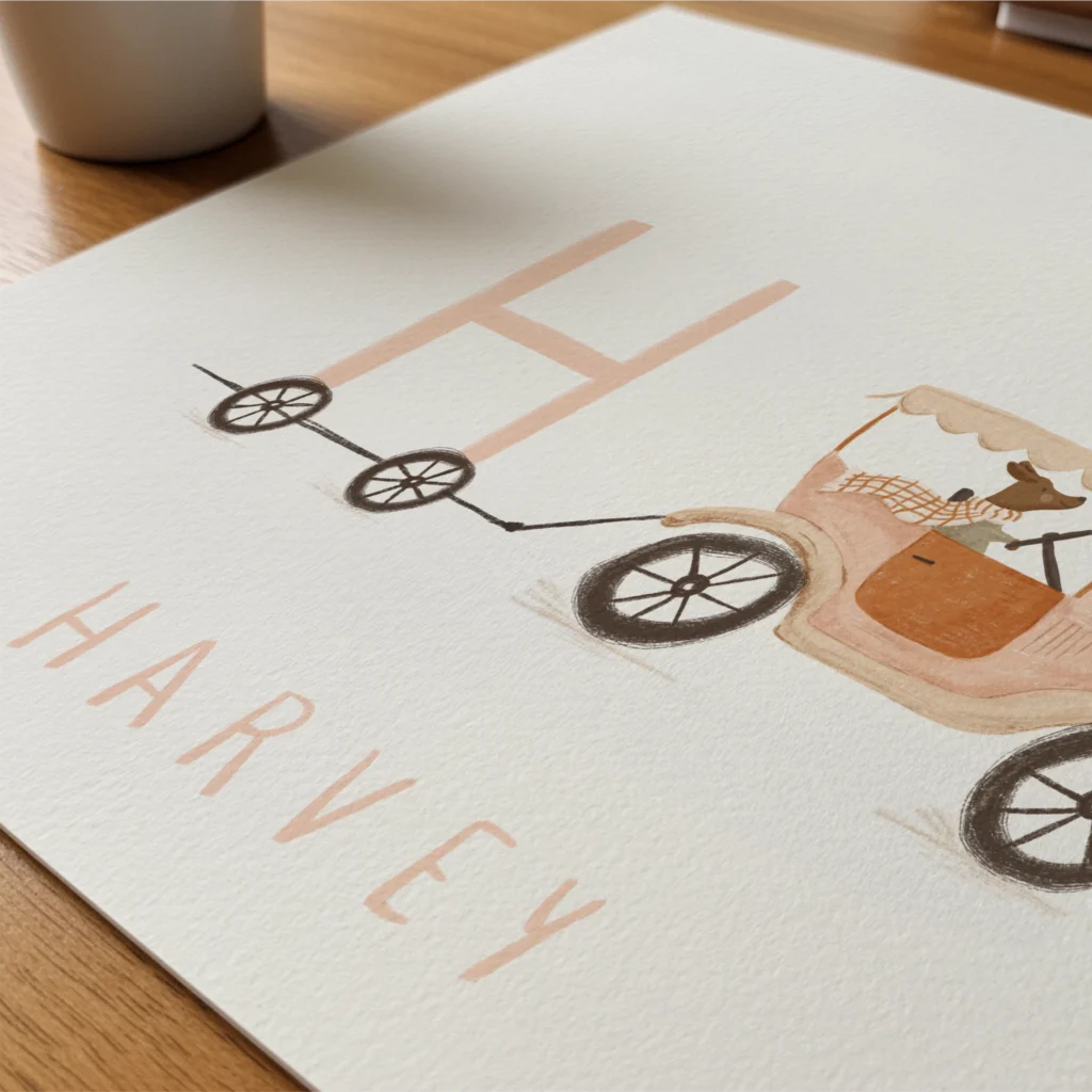 Personalised nursery wall art print of a whimsical dog in a vintage car towing a trailer with a child’s initial, illustrated in warm earth tones with custom name below.