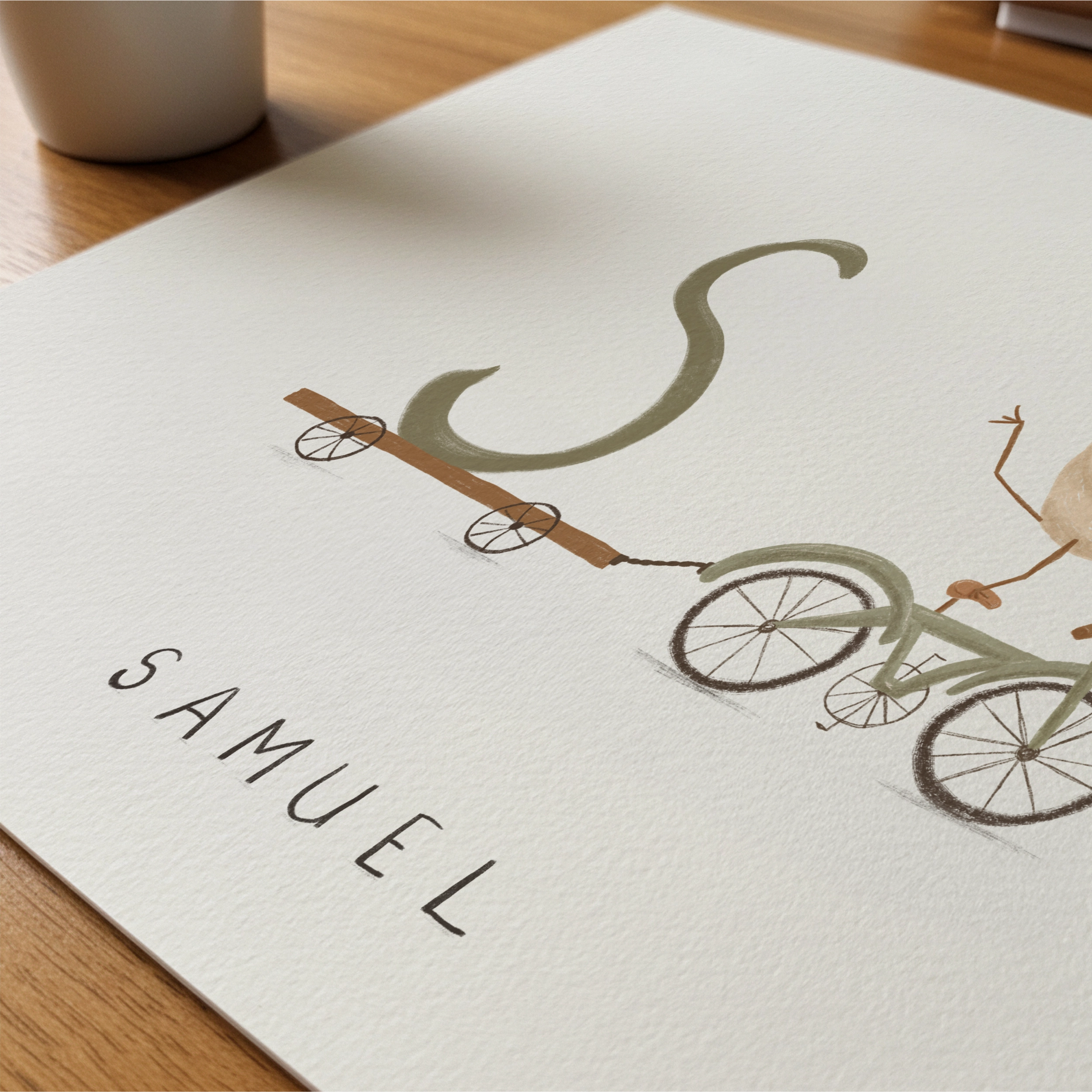 personalised initial & name print – bear in vintage truck illustration | earthy whimsical boys’ nursery wall art Personalised nursery wall art print of a whimsical white bird on a vintage bicycle pulling a trailer with a child’s initial, with their name written below.