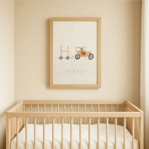 Home personalised initial & name print – poodle on vintage scooter illustration | whimsical cottagecore nursery wall art (copy)
