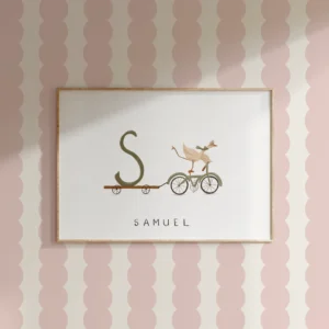 Home Personalised nursery wall art print of a whimsical white bird on a vintage bicycle pulling a trailer with a child’s initial, with their name written below.