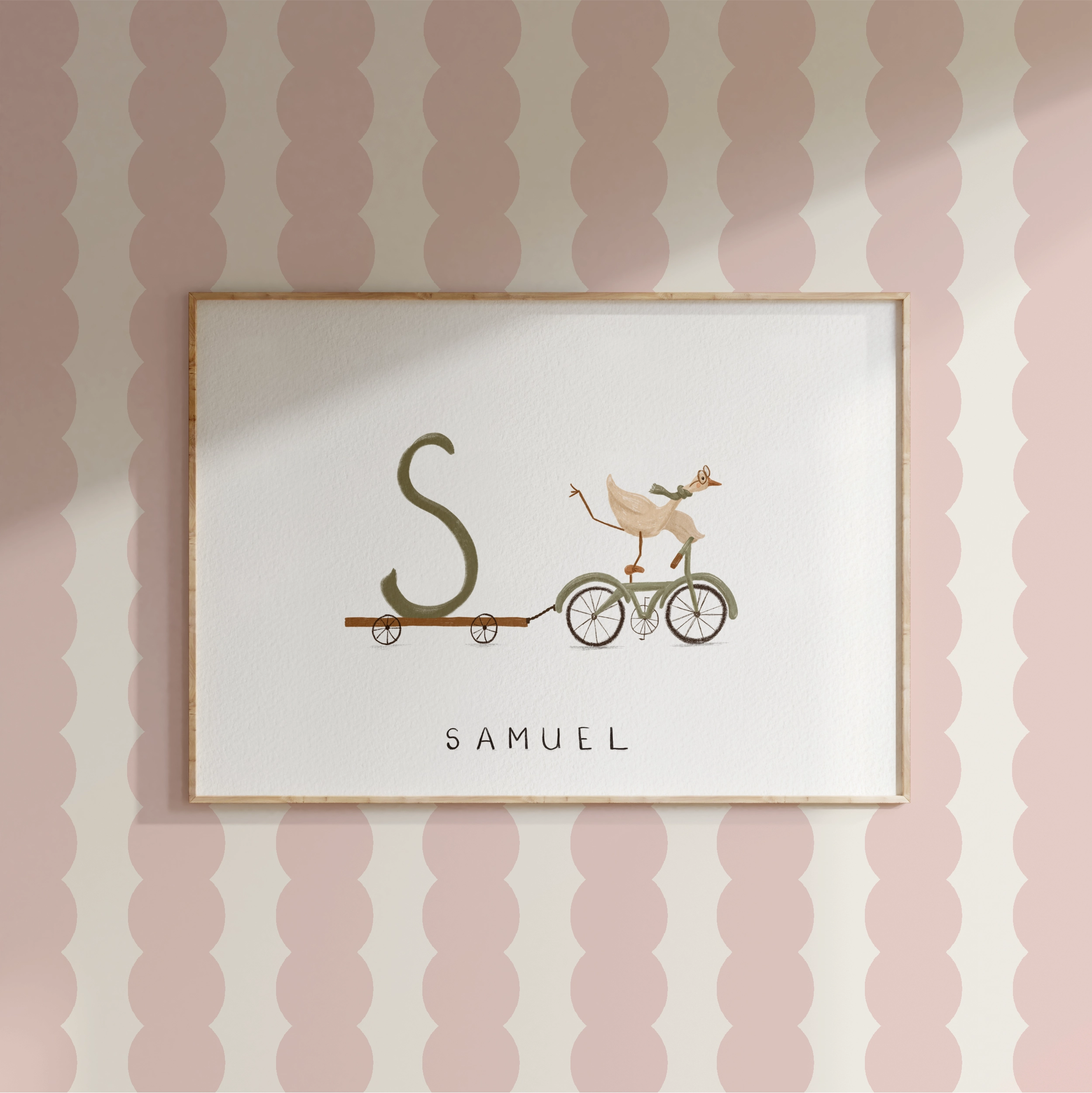personalised initial & name print – poodle on vintage scooter illustration | whimsical cottagecore nursery wall art (copy) Personalised nursery wall art print of a whimsical white bird on a vintage bicycle pulling a trailer with a child’s initial, with their name written below.