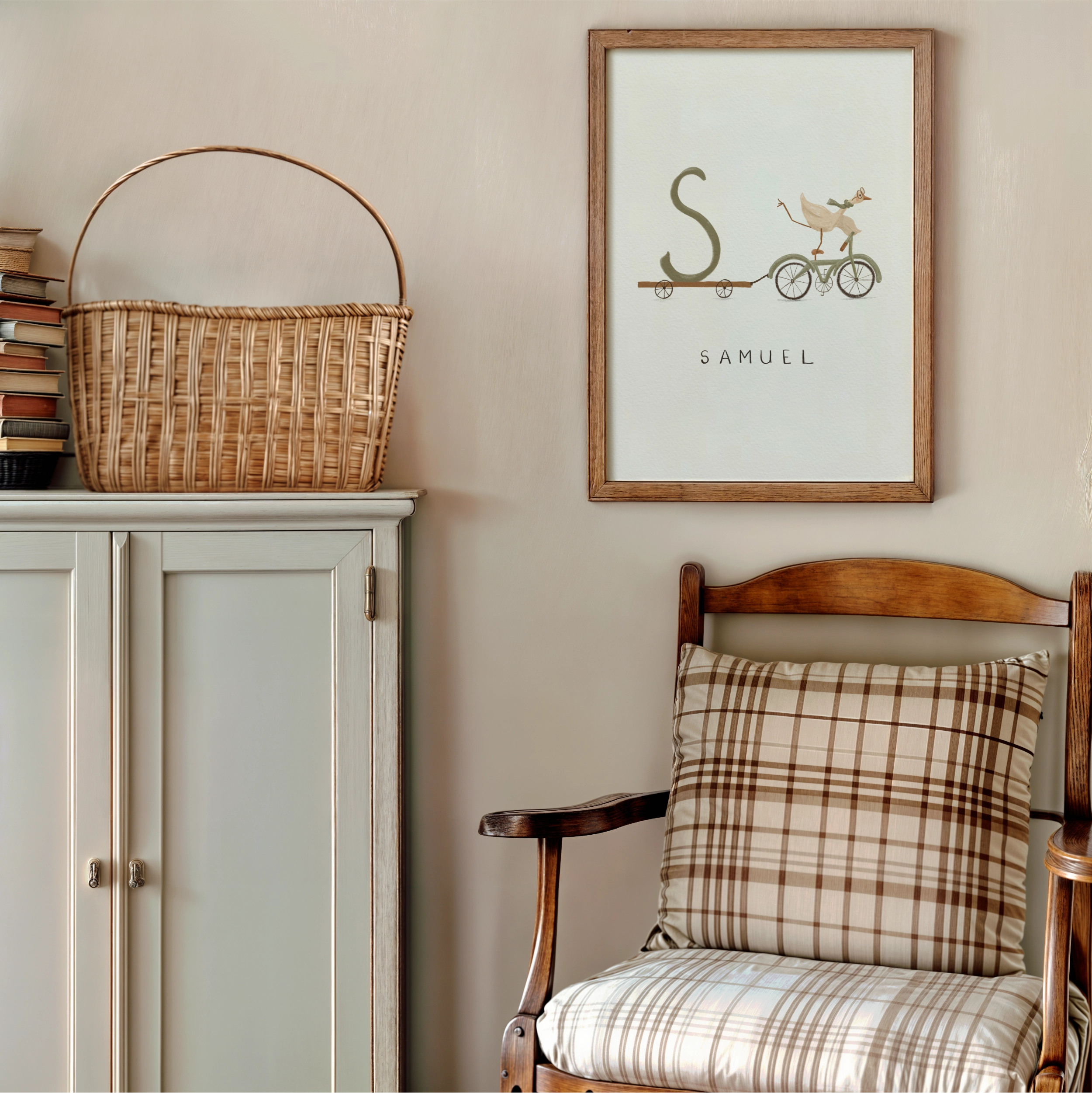 personalised initial & name print – poodle on vintage scooter illustration | whimsical cottagecore nursery wall art (copy) Personalised nursery wall art print of a whimsical white bird on a vintage bicycle pulling a trailer with a child’s initial, with their name written below.