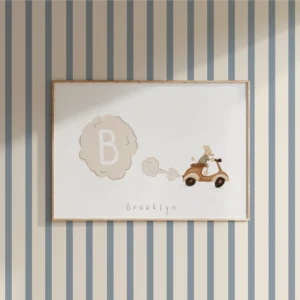 Home Personalised nursery wall art print of a whimsical poodle riding a vintage scooter with a puff of smoke forming a child’s initial, with their name written below.